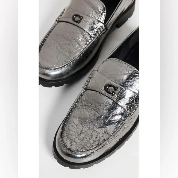 Coach NIB Metallic Silver Anthracite Jocelyn Crinkle Loafers - Picture 13 of 14